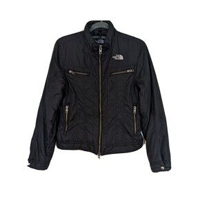 VTG North Face Women's XS Quilted Moto Biker Jacket Black Exposed Zippers Y2K